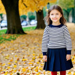 **

"A young girl, around 8 years old, wearing a classic Breton striped shirt (marinière), a navy blue skirt, and white sneakers, fully clothed, appropriate attire, safe for work. She is standing in a charming Parisian park with autumn leaves scattered on the ground. Perfect anatomy, natural proportions, professional children's fashion photography, soft natural lighting, family-friendly."

**