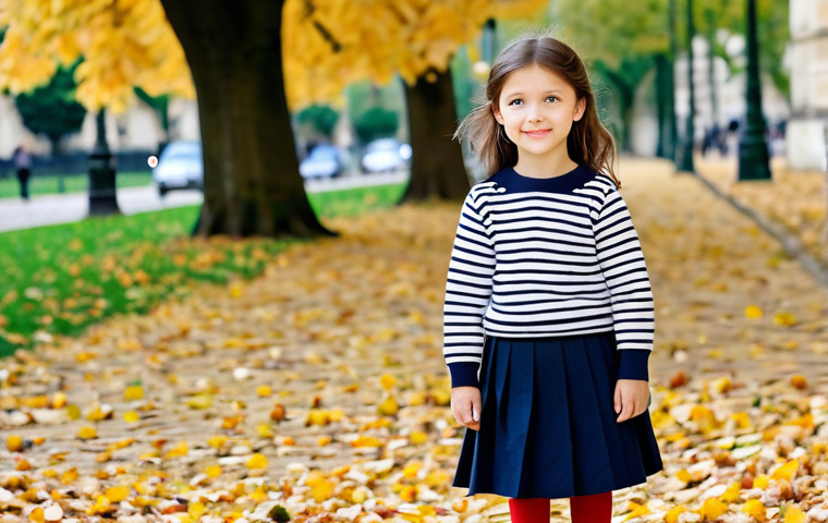 **

"A young girl, around 8 years old, wearing a classic Breton striped shirt (marinière), a navy blue skirt, and white sneakers, fully clothed, appropriate attire, safe for work. She is standing in a charming Parisian park with autumn leaves scattered on the ground. Perfect anatomy, natural proportions, professional children's fashion photography, soft natural lighting, family-friendly."

**
