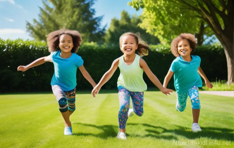 아이들의 여름 레깅스 - **Prompt:** A group of diverse, happy young children (approximately 4-7 years old) playing energetic...