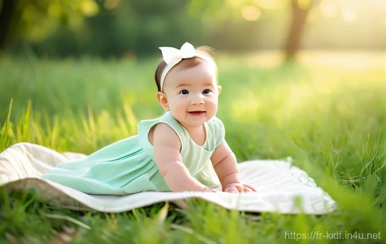 유아용 여름 드레스 스타일 - **Prompt 1: Cheerful Baby in Organic Cotton Muslin Dress**
    "A joyful baby girl, approximately 8 ...
