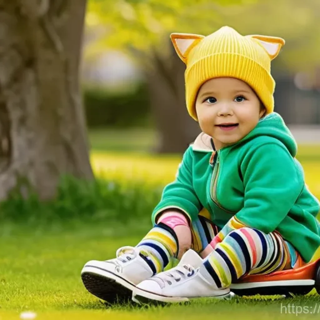 아동용 오버롤 스타일링 - **Vibrant Spring Playtime:**
    A cheerful young child, approximately 6 years old, with bright, joy...