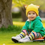 아동용 오버롤 스타일링 - **Vibrant Spring Playtime:**
    A cheerful young child, approximately 6 years old, with bright, joy...