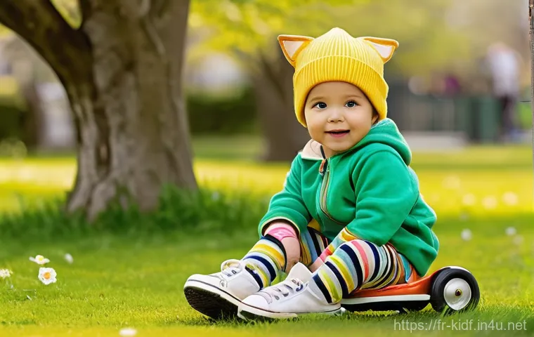 아동용 오버롤 스타일링 - **Vibrant Spring Playtime:**
    A cheerful young child, approximately 6 years old, with bright, joy...