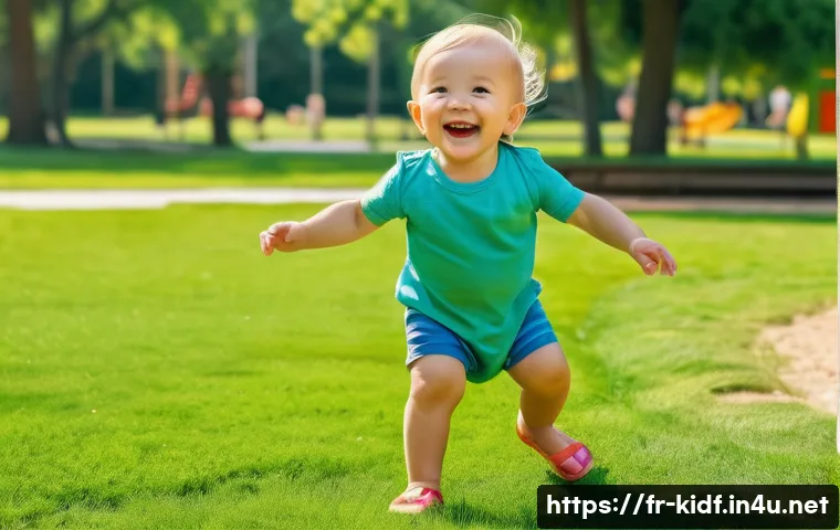 아동용 여름 샌들 - A joyful toddler, around 2-3 years old, with a wide smile, is playing happily in a sun-drenched park...
