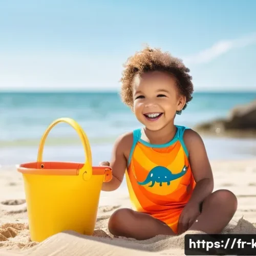 키즈용 수영복 스타일 - A cheerful young child at the beach wearing a brightly colored, UPF 50+ certified polyester swimsuit...
