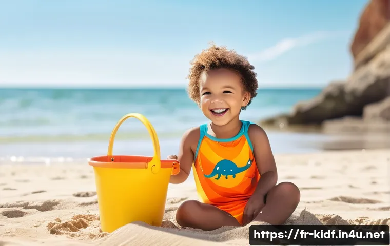 키즈용 수영복 스타일 - A cheerful young child at the beach wearing a brightly colored, UPF 50+ certified polyester swimsuit...