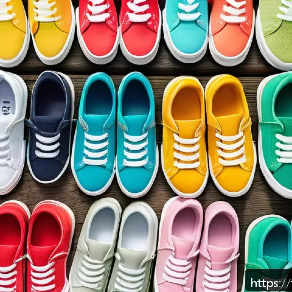 키즈용 스니커즈 트렌드 - A vibrant summer scene showcasing colorful children's sneakers lined up on a wooden playground floor...