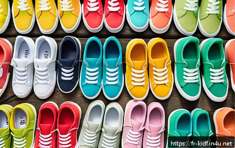 키즈용 스니커즈 트렌드 - A vibrant summer scene showcasing colorful children's sneakers lined up on a wooden playground floor...