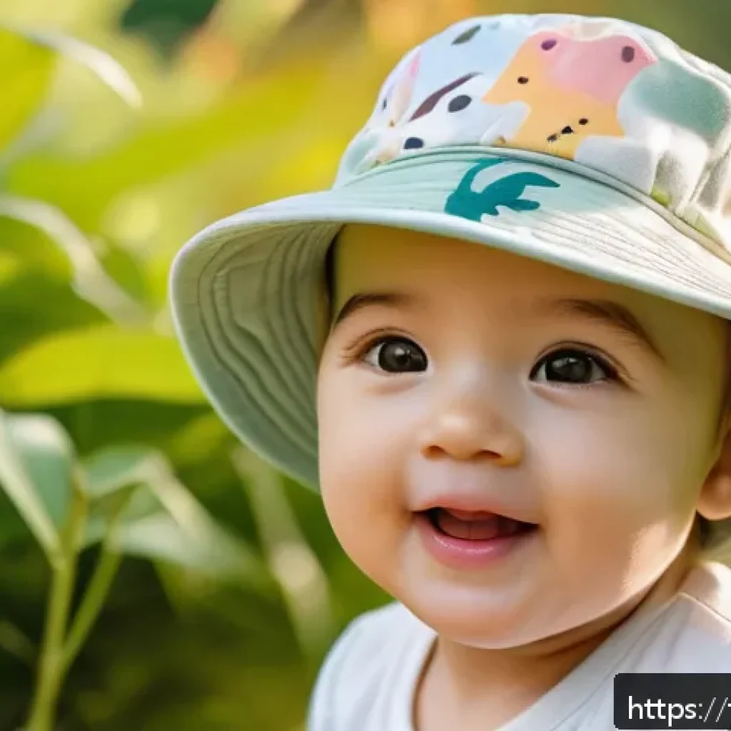 유아용 여름 모자 코디 - A cheerful toddler wearing a soft organic cotton bucket hat with a wide brim, featuring pastel anima...