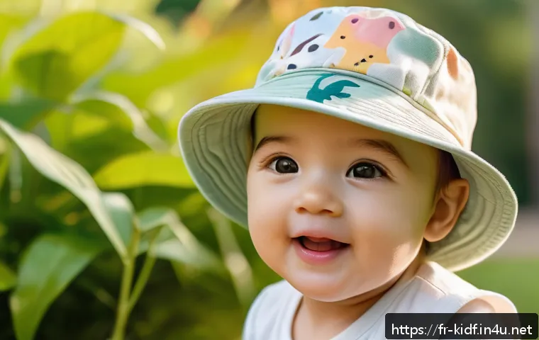 유아용 여름 모자 코디 - A cheerful toddler wearing a soft organic cotton bucket hat with a wide brim, featuring pastel anima...