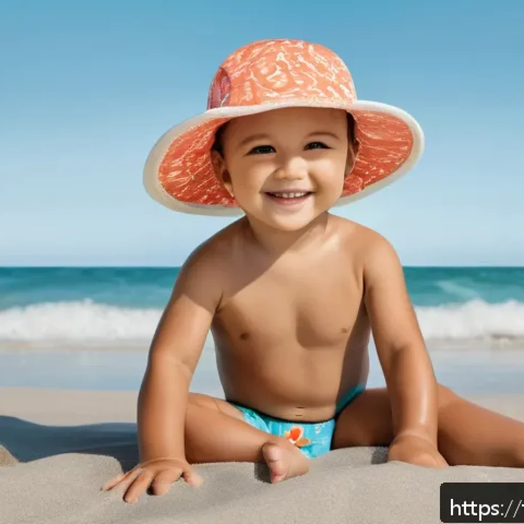 유아용 비치웨어 스타일 - A cheerful beach scene featuring a toddler wearing a soft organic cotton swimsuit with anti-UV finis...