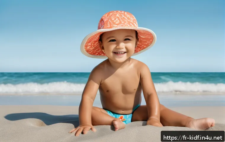 유아용 비치웨어 스타일 - A cheerful beach scene featuring a toddler wearing a soft organic cotton swimsuit with anti-UV finis...