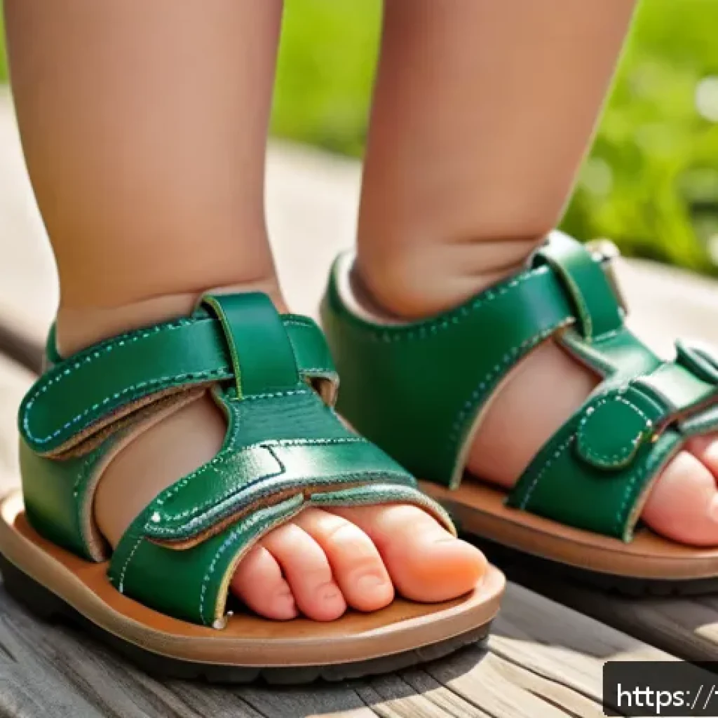 아동용 여름 슬리퍼 리뷰 - A detailed close-up of a child's feet wearing high-quality leather sandals with soft cotton linings,...