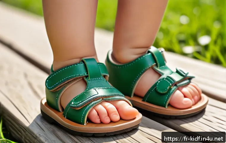 아동용 여름 슬리퍼 리뷰 - A detailed close-up of a child's feet wearing high-quality leather sandals with soft cotton linings,...