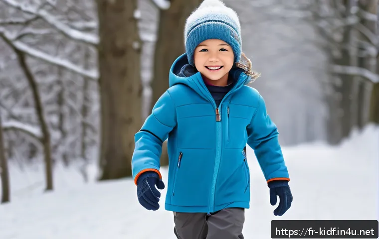 아이들의 겨울 방한용품 - A young child dressed warmly for winter outdoor play in a snowy park, wearing a fitted thermal base ...