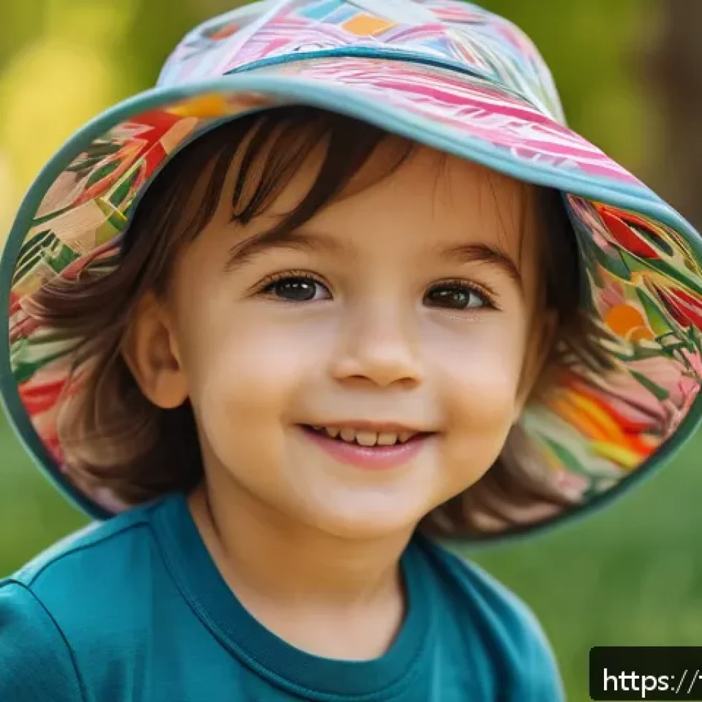 키즈용 패션 액세서리 - A cheerful young child wearing a lightweight, reversible organic cotton sun hat with colorful playfu...