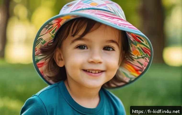 키즈용 패션 액세서리 - A cheerful young child wearing a lightweight, reversible organic cotton sun hat with colorful playfu...