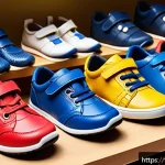 아동용 캐릭터 신발 추천 - A lively scene of a child&rsquo;s shoe store display featuring colorful children&rsquo;s sneakers made from natu...