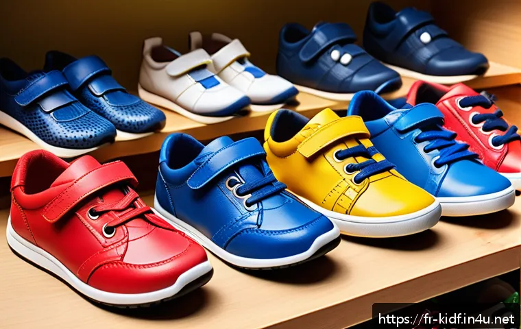 아동용 캐릭터 신발 추천 - A lively scene of a child’s shoe store display featuring colorful children’s sneakers made from natu...