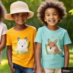 키즈용 티셔츠 추천 - A lively and colorful scene featuring young children wearing eco-friendly organic cotton t-shirts wi...