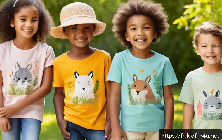 키즈용 티셔츠 추천 - A lively and colorful scene featuring young children wearing eco-friendly organic cotton t-shirts wi...