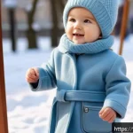 유아용 울코트 추천 - A cheerful young child wearing a soft, pastel blue merino wool coat with an integrated belt and a co...