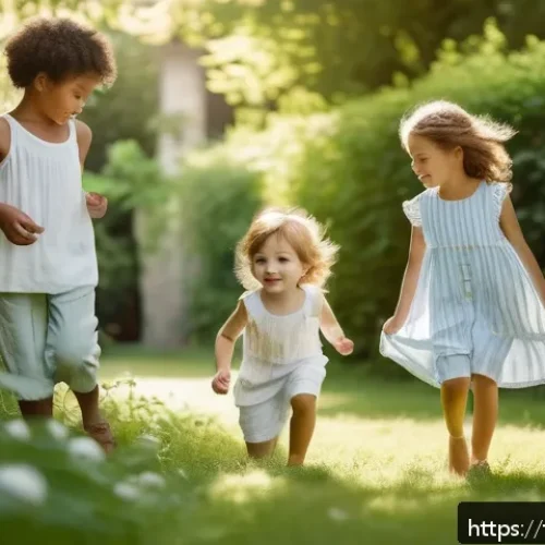아이 여름 휴가 패션 - A charming summer scene featuring young children wearing breathable linen clothing: little boys and ...