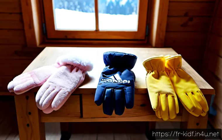키즈용 방한 장갑 추천 - Photorealistic product comparison scene of three pairs of children’s winter gloves neatly arranged o...