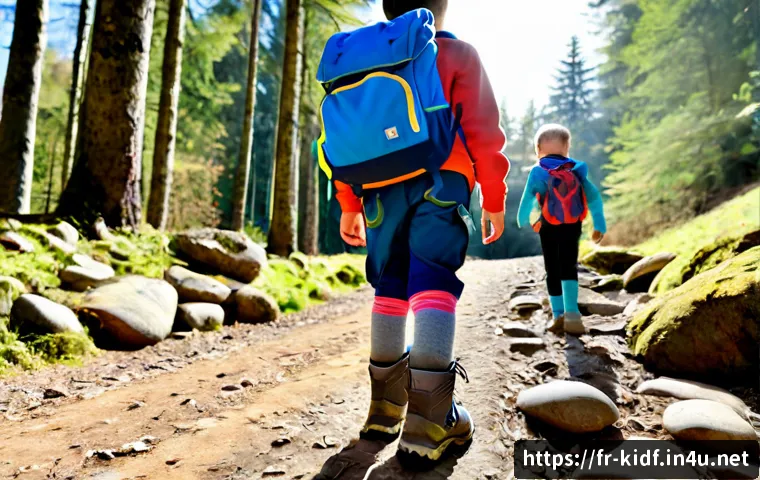 아이들을 위한 등산화 - Photorealistic French family hiking scene in the Vosges mountains, a cheerful child aged 8 wearing s...