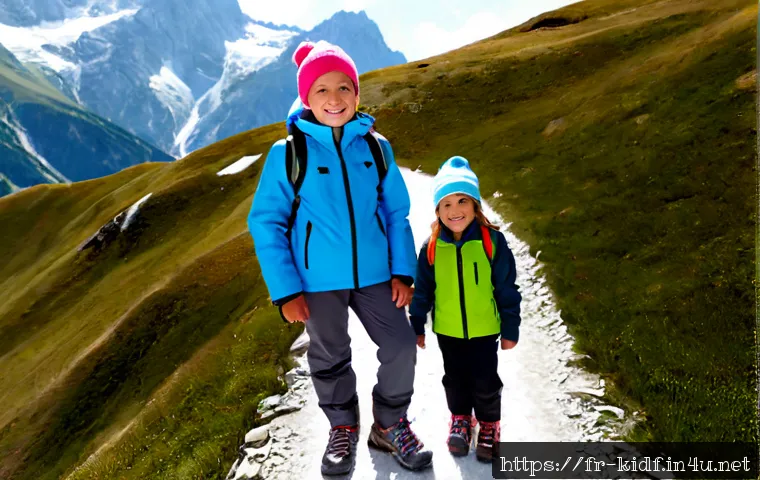 아동용 아웃도어 패션 - Photorealistic outdoor fashion portrait of two cheerful French children, ages 7 and 9, fully dressed...