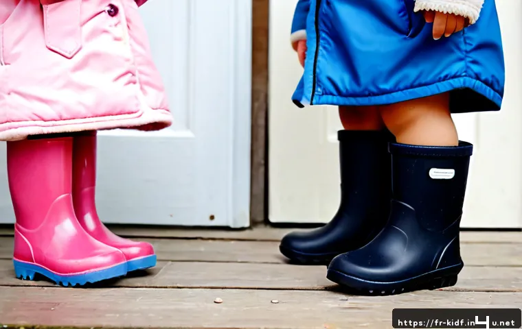 유아용 방수 장갑 선택 - Photorealistic close-up comparison scene of two pairs of toddler waterproof gloves on a clean pale w...