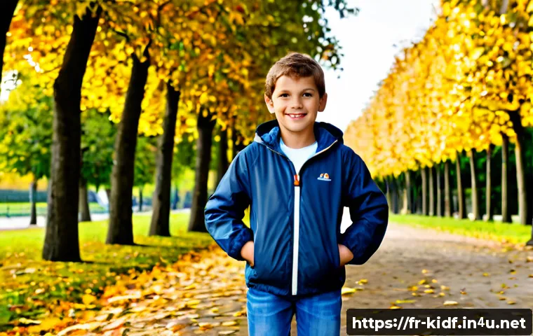 아동용 바람막이 자켓 - Photorealistic French child, age 8, wearing a lightweight hooded windbreaker jacket over a simple T-...